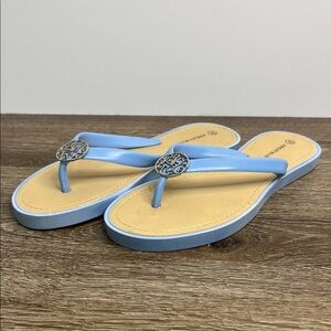 Ashley Blue Flip Flop Sandals | Light Blue Thong Sandals | Medallion Detail | 10